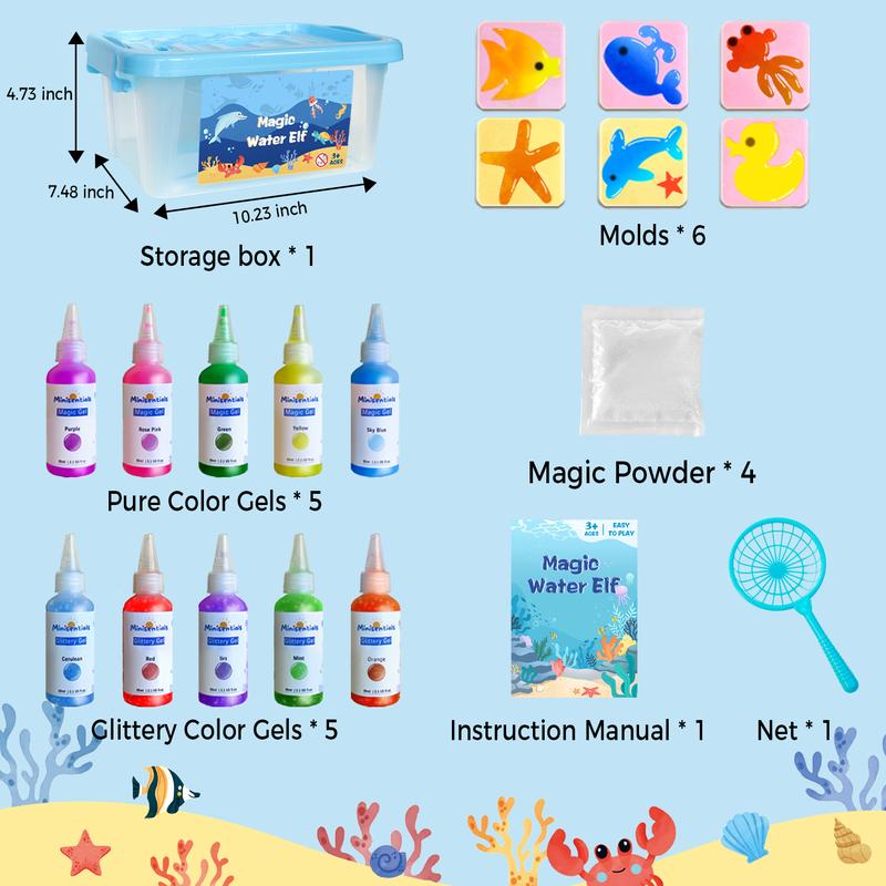 Magic Water Elf Toy Kit - Aqua Elves Water Gel Kit - 10 Colors Magic Water Fairy Gel 6 Molds Squishy Maker - Christmas Party Favor Birthday Aqua Art DIY STEM Gifts for Kids