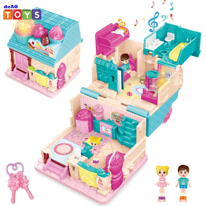 deAO Mini Doll House, Pocket World Dollhouse with Furniture and Accessories, Toys Houses Ice Cream Theme Dream House, Pretend Play House with 2 Dolls Toy Figures, Birthday Gift