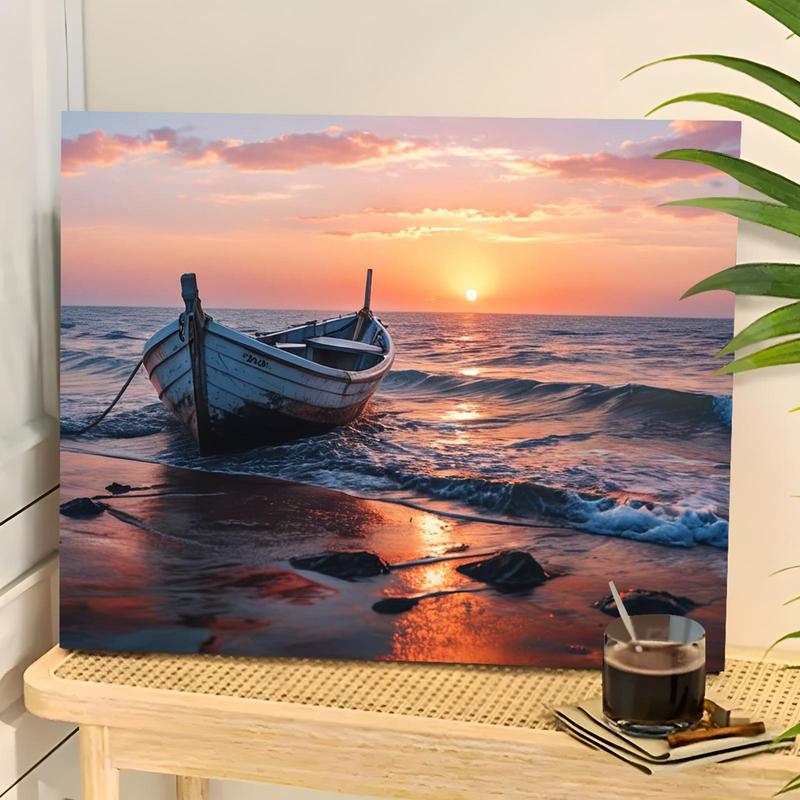 Boat on The Sea at Sunset Pattern DIY Painting by Numbers Kit, 1 Set DIY Paint by Numbers Kit without Frame, Wall Art Decor for Home Living Room Bedroom