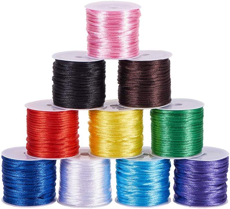 100 Yards 2mm Satin Rattail Cord Nylon String Trim Silk Cord Beading String for Friendship Bracelet Necklace Chinese Knot Macrame Trim Dream Catchers Braid Hair 10 Color