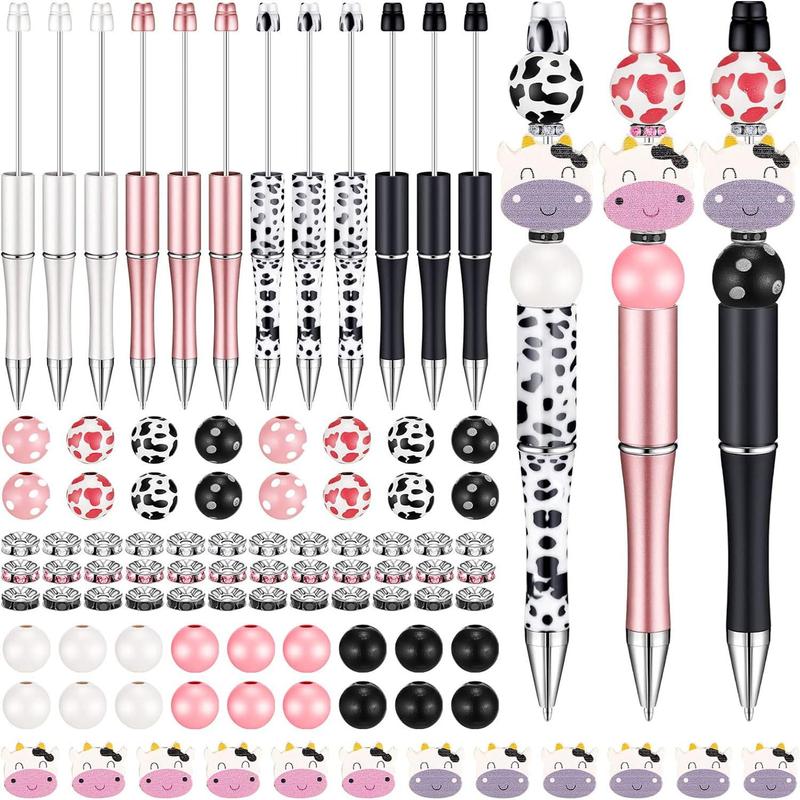 Cow Design Beading Pen Set, 80pcs set DIY Beading Pen Set, Including 8 Counts Beading Pen & 42pcs Wooden Beading & 30pcs Crystal Beading