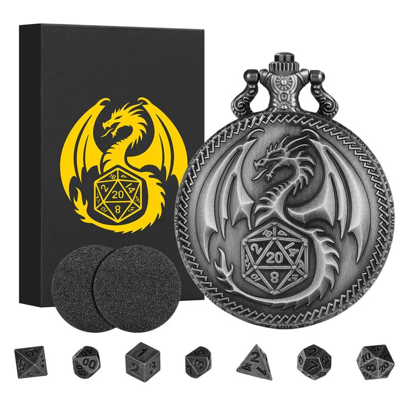 Dragon Pattern Pocket Watch & Dice Set, Including 1 Count Watch & 7 Counts Dice for Games, Role Playing Board Games Accessories