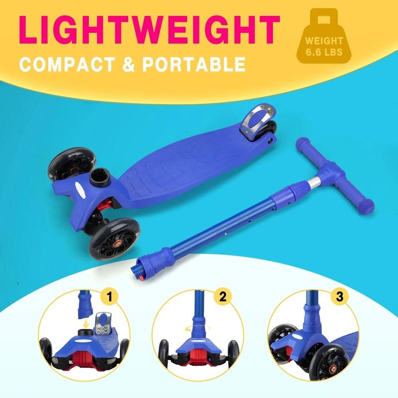 Foldable Scooter For Kids,4 Height Adjustable Lean To Steer,Kids Scooter With LED Light Wheel,Toddlers Girls & Boys From 3 To 12 Year-Old Learn To Steer(Black Blue Pink)