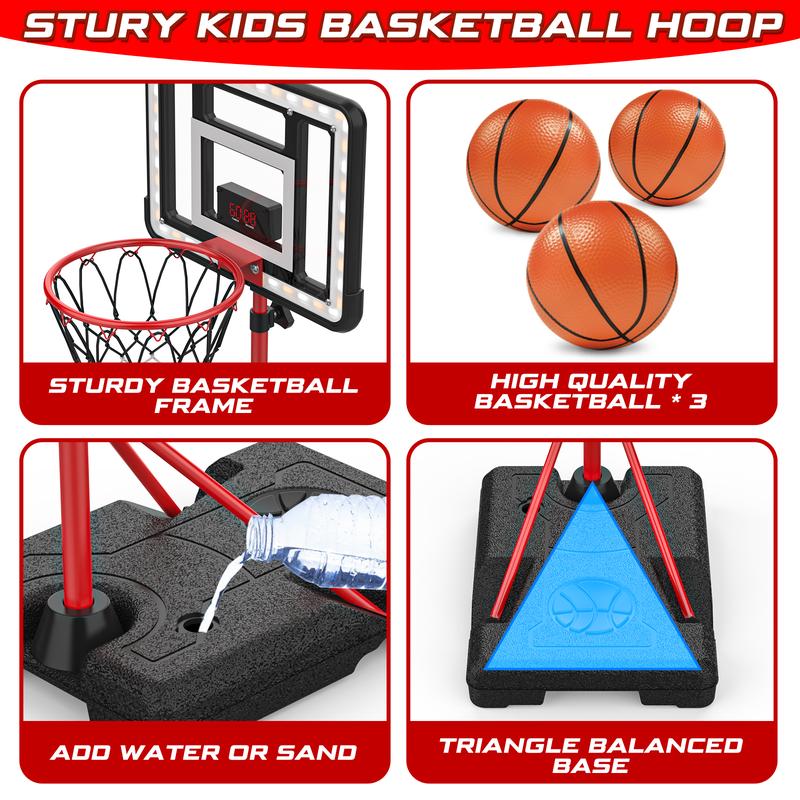 Basketball Hoop for Kids with Stand, Adjustable Height Basketball Hoop with Electronic Scoreboard and LED Light, Indoor Outdoor Backyard Sport Game Gifts Toys for 3 4 5 6 7 8