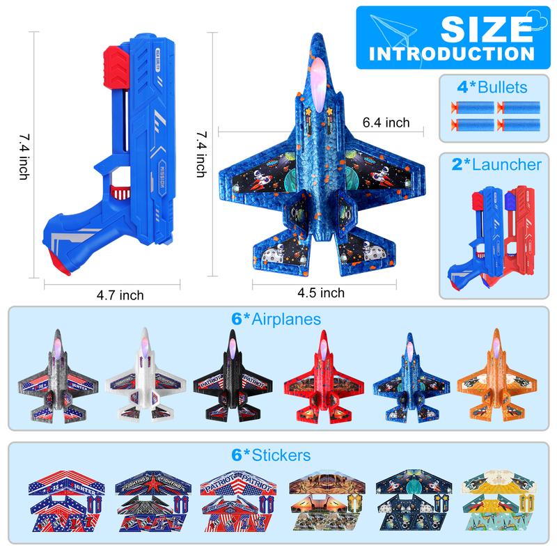 6 Pack Airplane Launcher Toy with 2 Launcher,F-35 Foam LED Catapult Plane with 6 Stickers Kids Flying Toy,3 4 5 6 7 8 9 10 11 12 Year Old Boys Girls Gifts,Outdoor Sport Party Favor