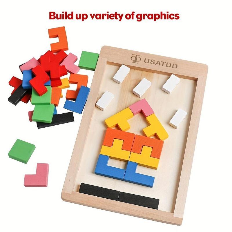 USATDD Wooden Solid Color Puzzles Blocks Brain Teasers Toy Russian Tangram Colorful Jigsaw Game Montessori Intelligence STEM Gift