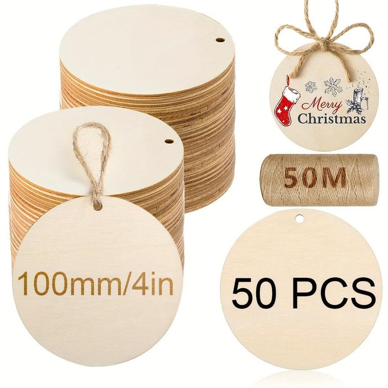 4 Inch Round Wooden Circle with Hole, 15 25 50pcs DIY Decorative Wooden Tag with 50M Hemp Rope, Wooden Circle for DIY Decoration