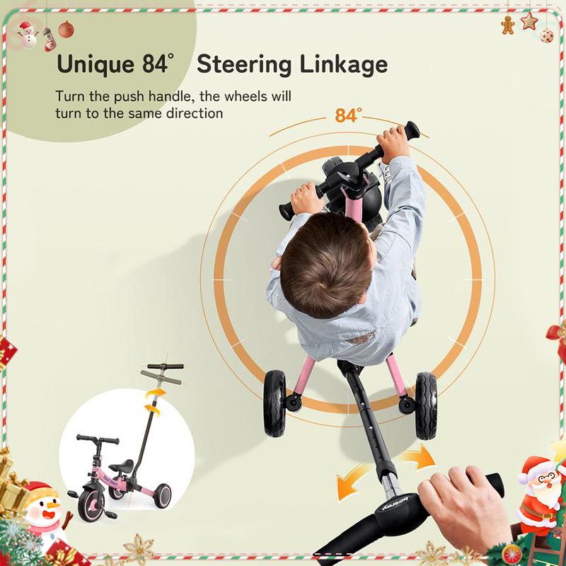 Besrey 7-in-1 Tricycle for kids pink tricycle steering handlebar foldable tricycle for children Large wheels removable pedals height-adjustable seat baby  car