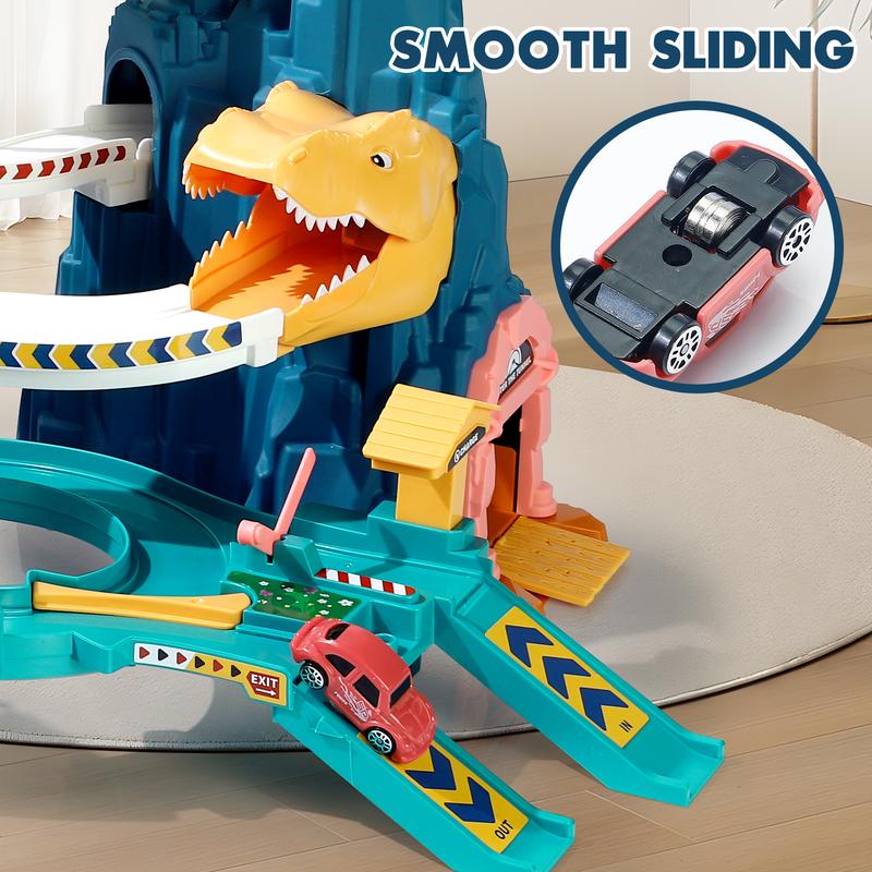 Dinosaur Race Track Playset Toys for Kids With 10Mini Car Ramp Track Adventure Car Garage Parking Toy