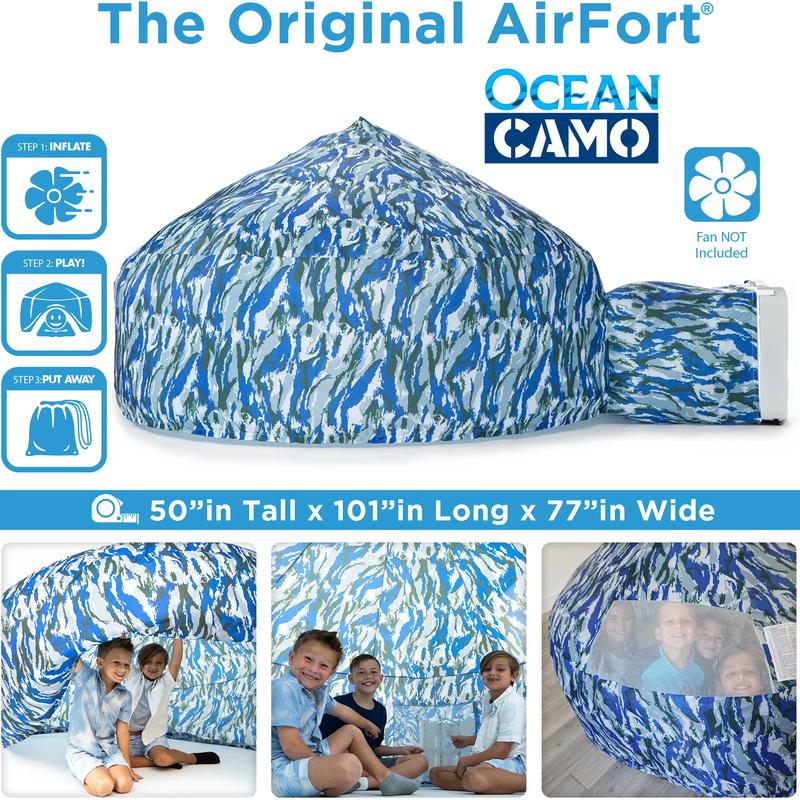 The Original Patented AirFort - Build A Fort in 30 Seconds, Inflatable Fort for Kids, Play Tent for 3-12 years, A Playhouse Where Imagination Runs Wild, Fan not included (Ocean Camo)