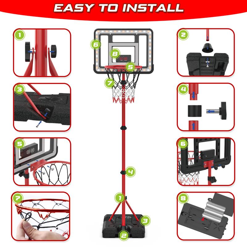 Basketball Hoop for Kids with Stand, Adjustable Height Basketball Hoop with Electronic Scoreboard and LED Light, Indoor Outdoor Backyard Sport Game Gifts Toys for 3 4 5 6 7 8