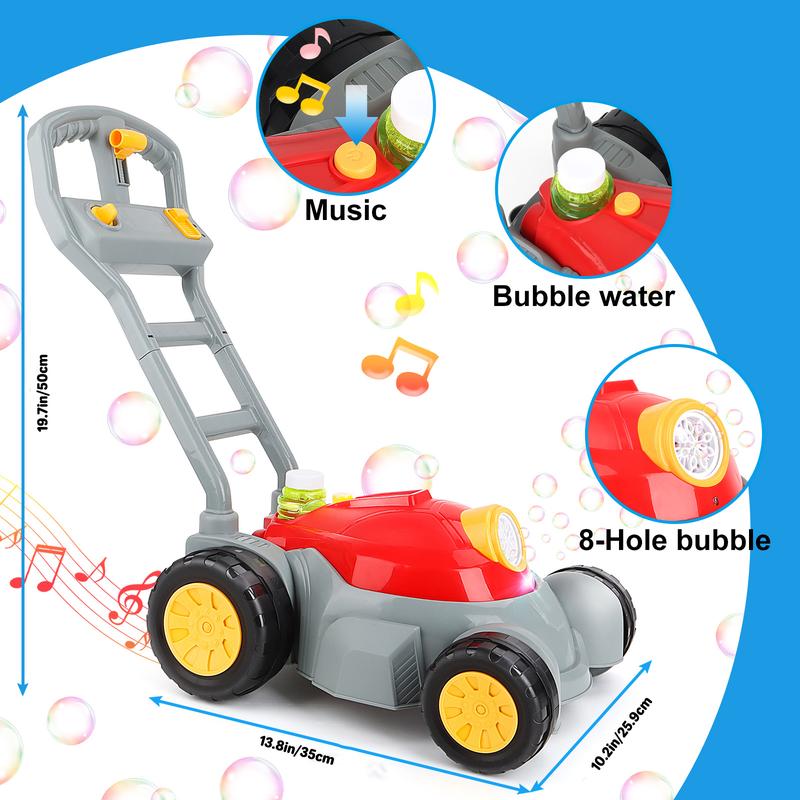 deAO Bubble Lawn Mower Automatic Bubble Blower Maker Machine with Music Activity Walker for Outdoor Gardening Push Lawn Mower Toys Gifts