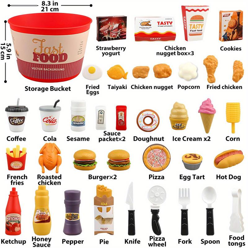 80 Pcs Simulated Food Toy Set, Fast Food Set With Storage Bucket, Food Set Such As Burgers, Pizza, Ice Cream, Play House Toy Set, Ideal For Halloween And Christmas