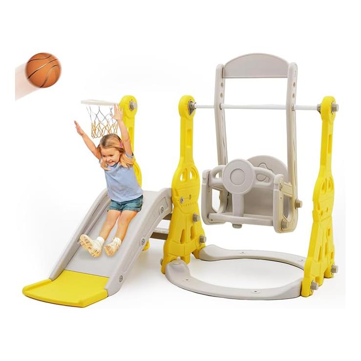 Toddler Slide and Swing Set 4 in 1 Baby Slide Climber Playse with Swing Slide Climber and Basketball Kids Slide and Swing Set Indoor Outdoor Backyard Baby Playground Toy for Toddlers (Pink Yellow Blue))