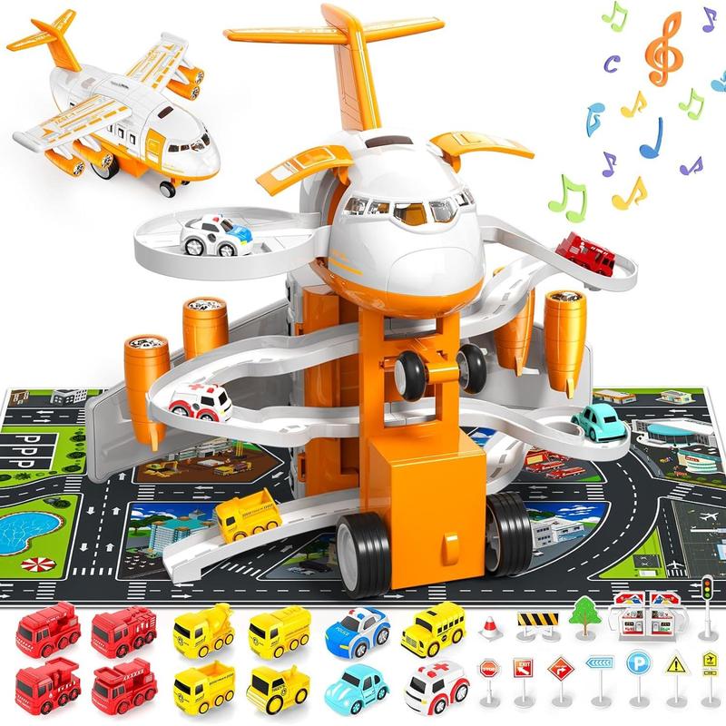 Transport Cargo Airplane Toys, Airplane Car Toy Play Set Includes Track, 12mini Play Vehicles, with Music and Light, which is Specially Designed Christmas Birthday Gift