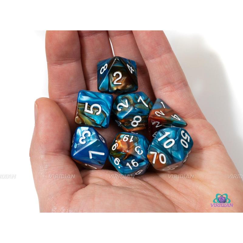 Sea Dragon | Orange & Blue Swirl Acrylic Dice Set (7) | Dungeons and Dragons (DnD)