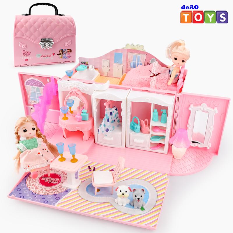 deAO Dollhouse Playset Portable Dollhouse Toy Pretend Playhouse with Furniture & Figures 2 in 1 Playhouse Set Birthday Gifts