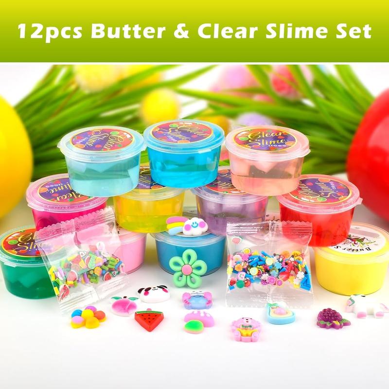 Christmas 12-Pack Slime Kit for Kids – 8 Clear & 4 Butter Slimes, Super Soft, Non-Sticky Jelly Cube Crunchy Slime, Perfect Party Favors & Sensory Toys