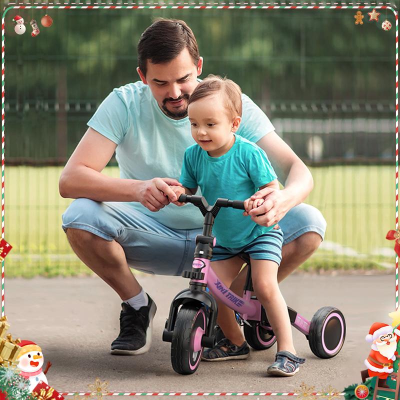 Besrey 7-in-1 Tricycle for kids pink tricycle steering handlebar foldable tricycle for children Large wheels removable pedals height-adjustable seat baby  car