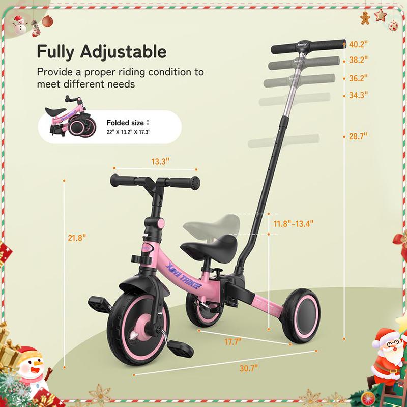 Besrey 7-in-1 Tricycle for kids pink tricycle steering handlebar foldable tricycle for children Large wheels removable pedals height-adjustable seat baby  car