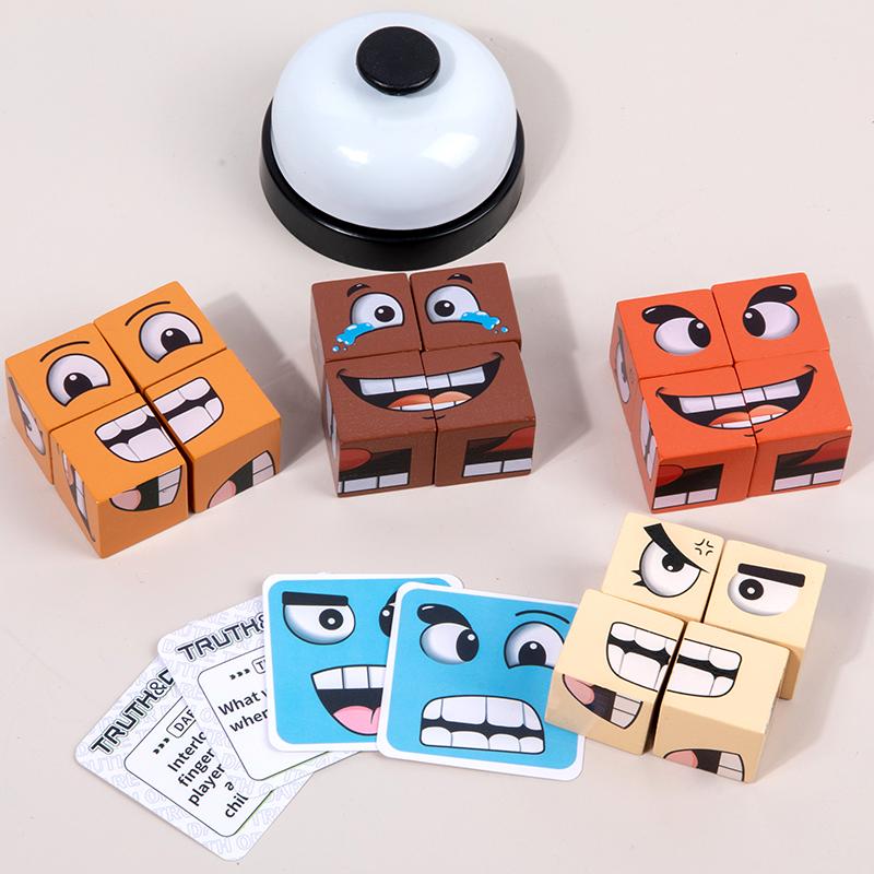 Face Change Cube Game, Wonderful Face Blocks Wooden Face Changing Magic Cube Game with Bell Mini Expression Puzzle Building Blocks Game Kids Toy Boys Girl