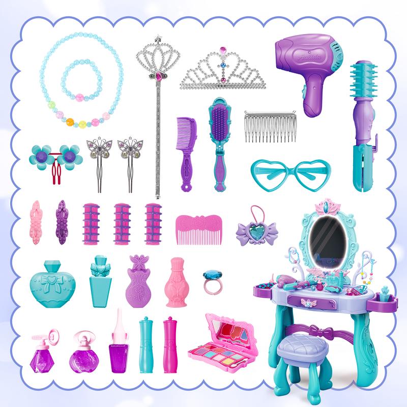 deAO Vanity Makeup Table Toy with Mirror & Chair, Vanity Playset with Lights,Pretend Play Makeup Toy with Hair Dryer Toy, Salon Set