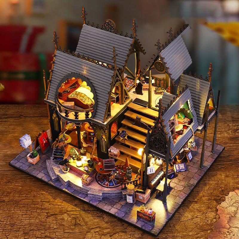 3D Wooden Handmade Magic House, DIY Retro Play House Miniature Assembly Model with Light, Creative Desktop Decoration for Home & Office, Best Gift Toy