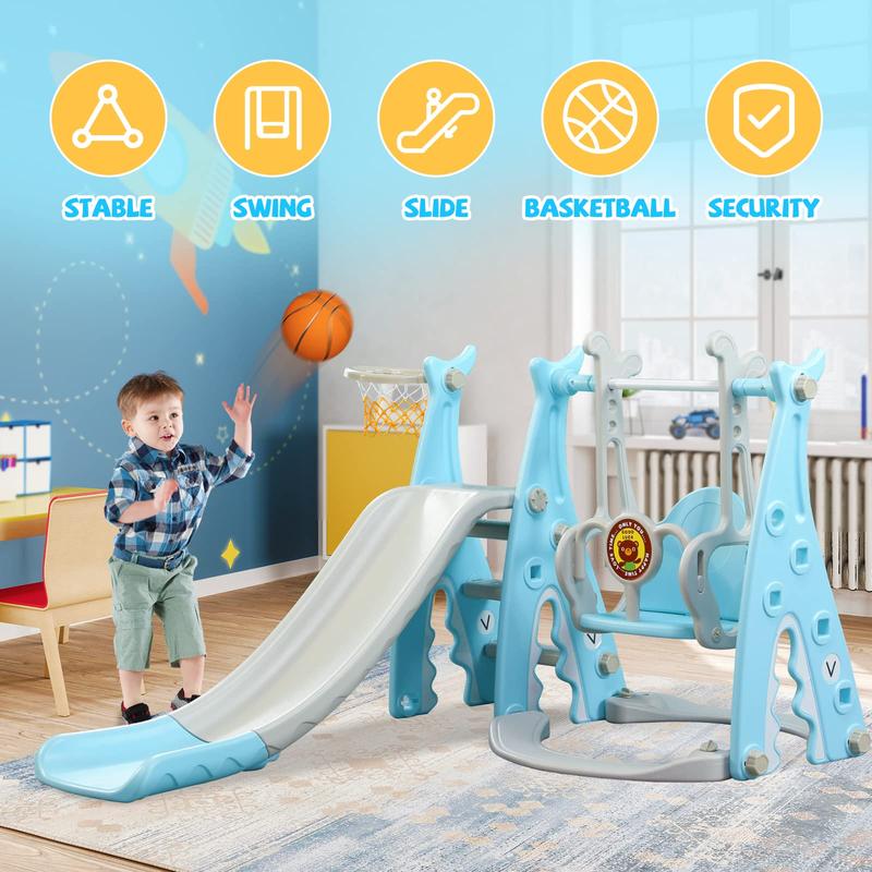 4-in-1 Toddler Slide and Swing Set with Extra Large Playground, Basketball Hoop & Climber, Indoor Outdoor Playset, Taxi Collection