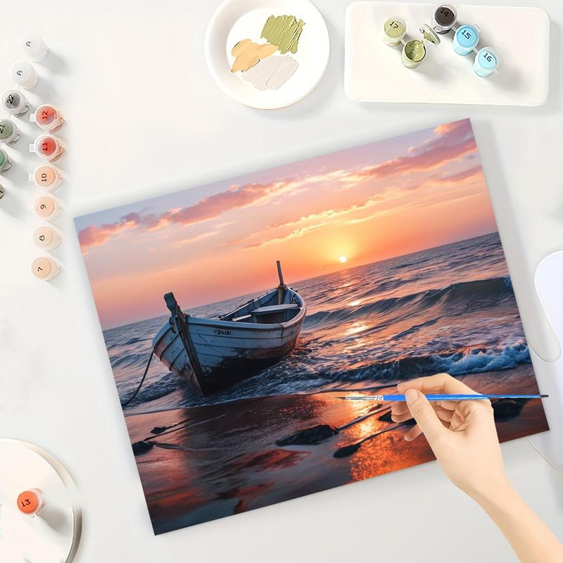 Boat on The Sea at Sunset Pattern DIY Painting by Numbers Kit, 1 Set DIY Paint by Numbers Kit without Frame, Wall Art Decor for Home Living Room Bedroom