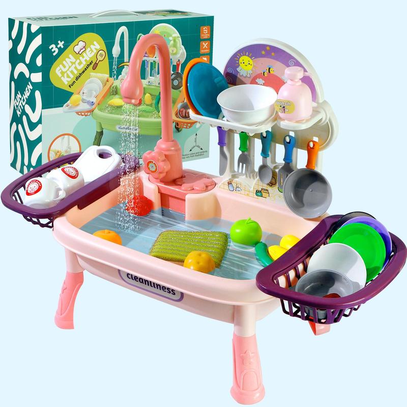 Play Kitchen Sink Toy Set with Running Water, Interactive Pretend Play Dishes, Realistic Role Play Kitchen Accessories, Toys for Kids