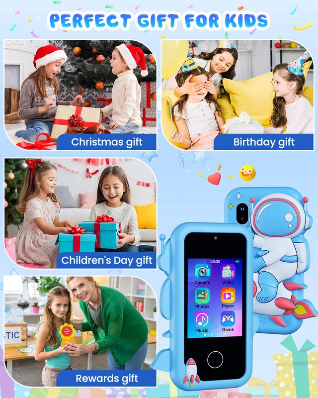 Upgraded Kids Smart Phone, Toddler Touchscreen Learning Toy for 3-8 Years Old Boys Girls, Fake Play Phone with Dual Camera Puzzle Games Music Player for Christmas Birthday Gifts,Blue