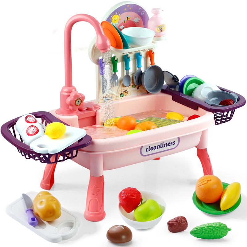 Play Kitchen Sink Toy Set with Running Water, Interactive Pretend Play Dishes, Realistic Role Play Kitchen Accessories, Toys for Kids