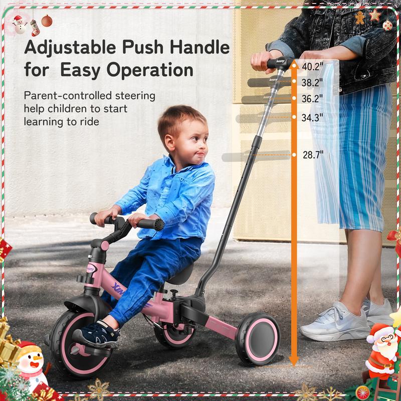 Besrey 7-in-1 Tricycle for kids pink tricycle steering handlebar foldable tricycle for children Large wheels removable pedals height-adjustable seat baby  car