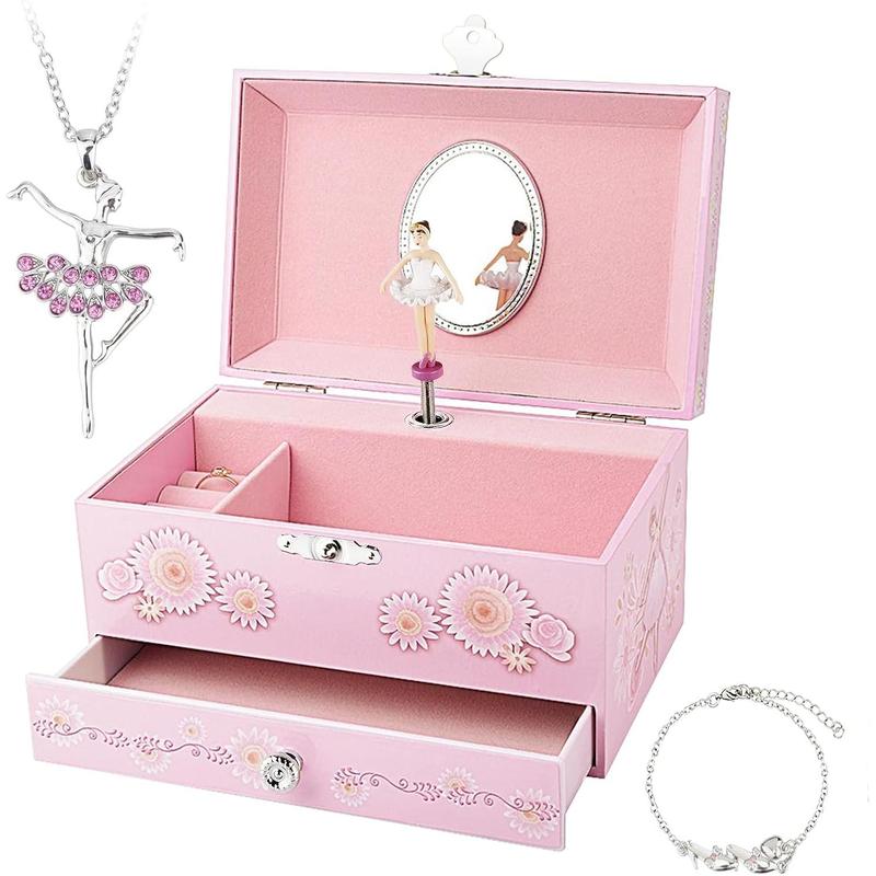 Musical Box with Drawer and Set with Ballerina Theme - Swan Lake Tune Pink