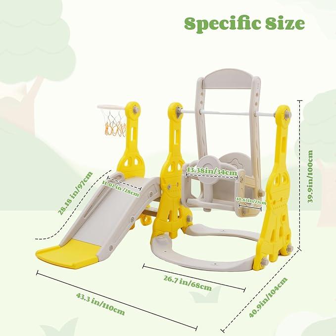 Toddler Slide and Swing Set 4 in 1 Baby Slide Climber Playse with Swing Slide Climber and Basketball Kids Slide and Swing Set Indoor Outdoor Backyard Baby Playground Toy for Toddlers (Pink Yellow Blue))