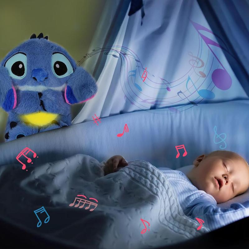 Stitch Anxiety Relief Plush Animal Breathing Relief Plush Animal Baby Sound Machine with Sensory Details Music Lights and Rhythmic Breathing Movements