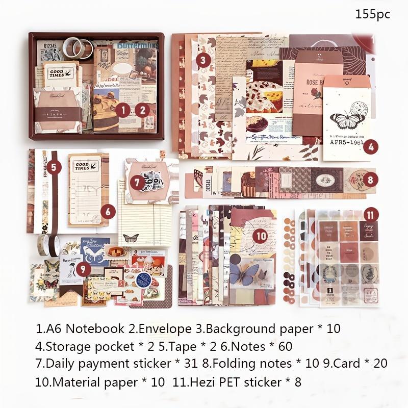 Vintage Scrapbooking Kit, 155pcs box Scrapbook & Journal Making Kit, Including Notebook, Envelope, Background Paper, Tape, Sticker and More, DIY Decorative Paper Set