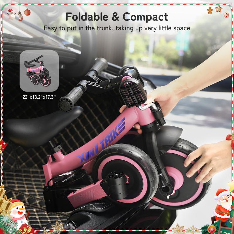 Besrey 7-in-1 Tricycle for kids pink tricycle steering handlebar foldable tricycle for children Large wheels removable pedals height-adjustable seat baby  car