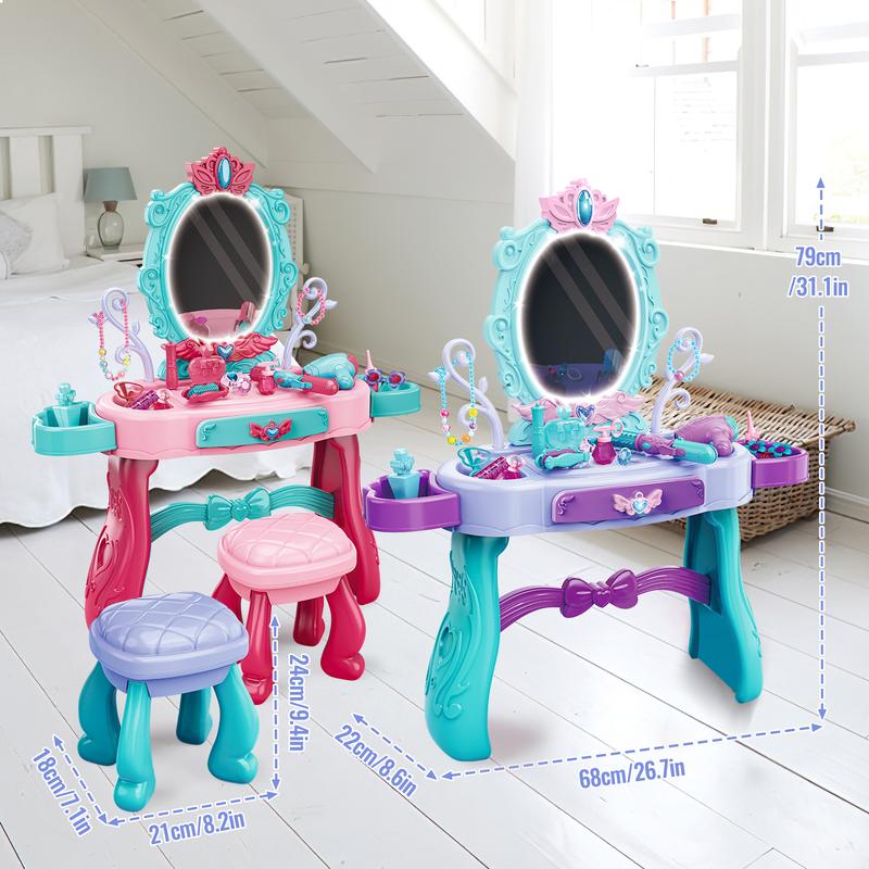 deAO Vanity Makeup Table Toy with Mirror & Chair, Vanity Playset with Lights,Pretend Play Makeup Toy with Hair Dryer Toy, Salon Set