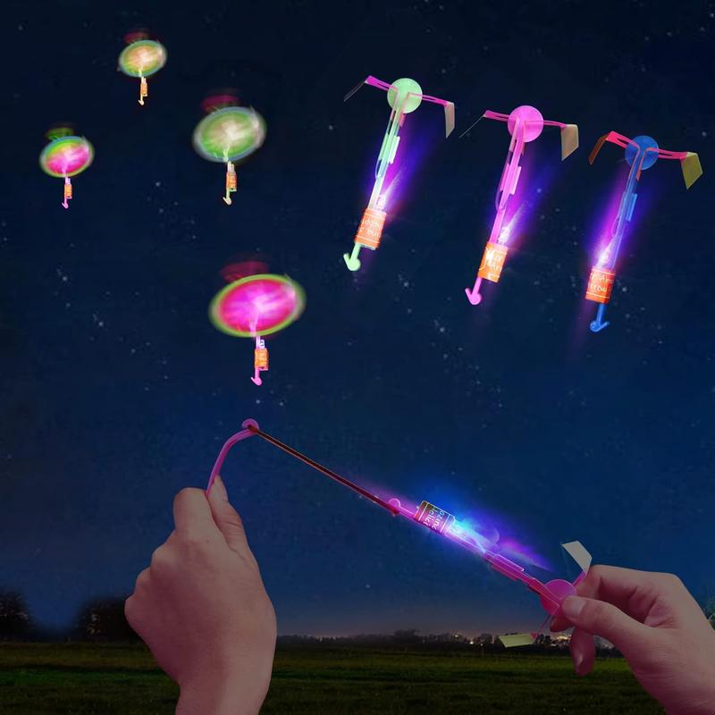 Flying Toys with LED Lights - 10Pcs LED Arrow Helicopters + 10Pcs Launchers - Summer Outdoor Game LED Slingshot Toy for Kids