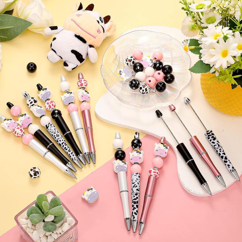 Cow Design Beading Pen Set, 80pcs set DIY Beading Pen Set, Including 8 Counts Beading Pen & 42pcs Wooden Beading & 30pcs Crystal Beading