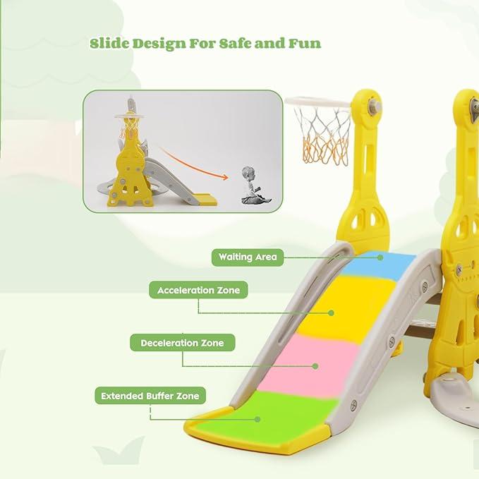 Toddler Slide and Swing Set 4 in 1 Baby Slide Climber Playse with Swing Slide Climber and Basketball Kids Slide and Swing Set Indoor Outdoor Backyard Baby Playground Toy for Toddlers (Pink Yellow Blue))