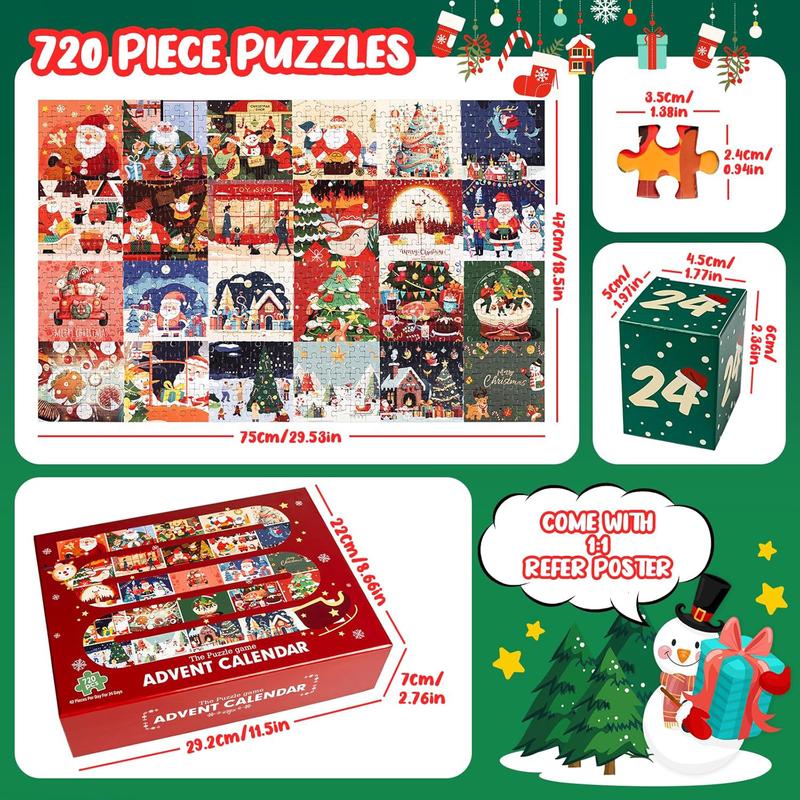 Advent Calendar 2024 Christmas Puzzles, Commodum 720 Pieces Puzzle 24 Days of Christmas Countdown Jigsaw Puzzles Family Calendar Gitfs for Kids Adults, Christmas Stocking Stuffer Home Decoration