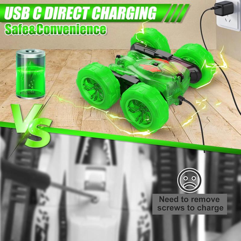 Remote Control Car-Rechargeable Fast Direct Charging RC Cars For Kids with Colorful Light,Double-Sided 360 Rotating RC Stunt Car 4WD RC Truck Car Toys for Ages 5-7 Gift for Boys Girls Aged 8-12 Green