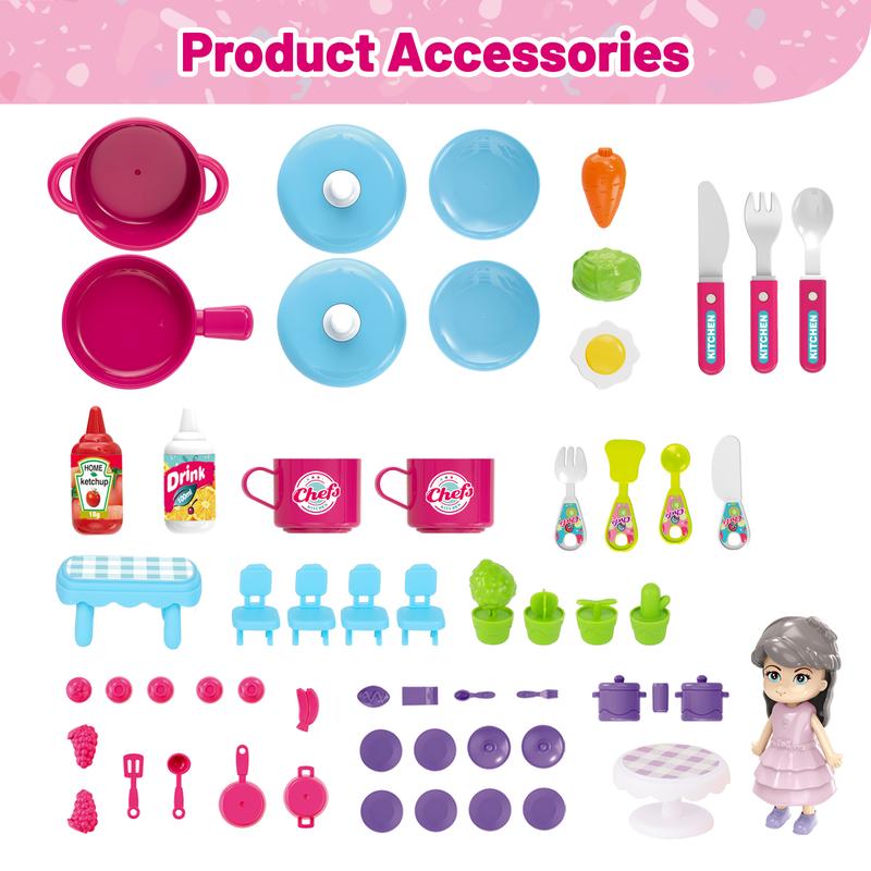 deAO 3-in-1 Kitchen Set,Pink Portable Doll House Pretend Play Food Backpack with Accessories, Great Gift Perfect for Christmas, Birthdays