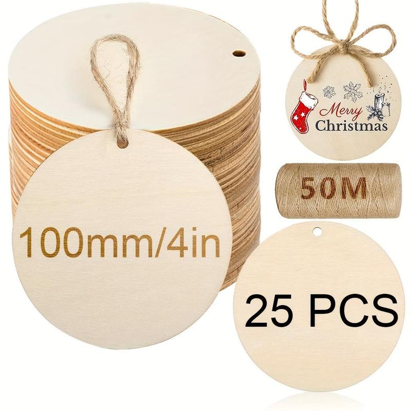 4 Inch Round Wooden Circle with Hole, 15 25 50pcs DIY Decorative Wooden Tag with 50M Hemp Rope, Wooden Circle for DIY Decoration