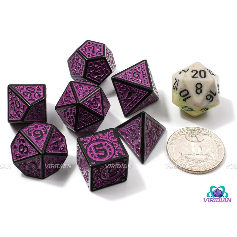 Magenta Flame | Black and Purple Ornate Design | Acrylic Dice Set (7)