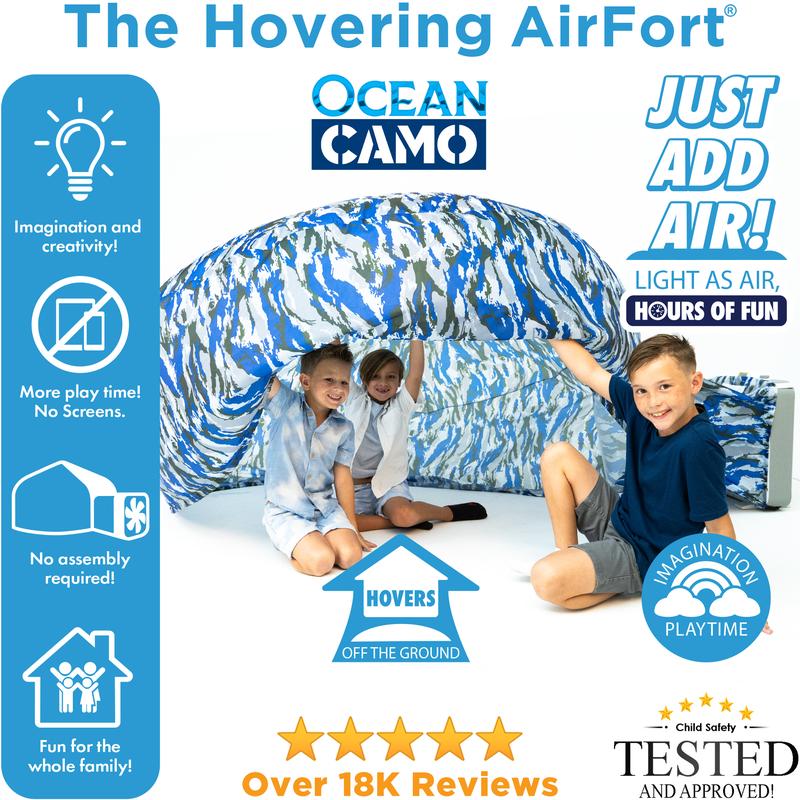 The Original Patented AirFort - Build A Fort in 30 Seconds, Inflatable Fort for Kids, Play Tent for 3-12 years, A Playhouse Where Imagination Runs Wild, Fan not included (Ocean Camo)