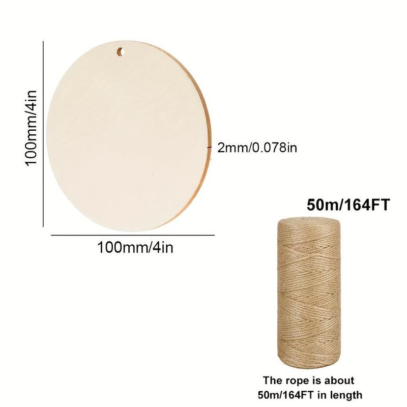 4 Inch Round Wooden Circle with Hole, 15 25 50pcs DIY Decorative Wooden Tag with 50M Hemp Rope, Wooden Circle for DIY Decoration