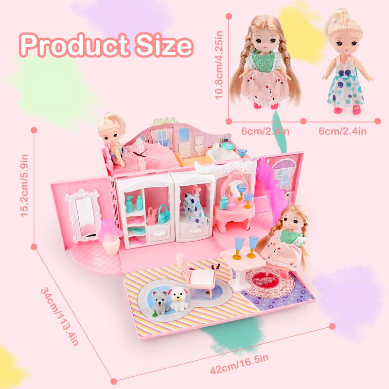 deAO Dollhouse Playset Portable Dollhouse Toy Pretend Playhouse with Furniture & Figures 2 in 1 Playhouse Set Birthday Gifts